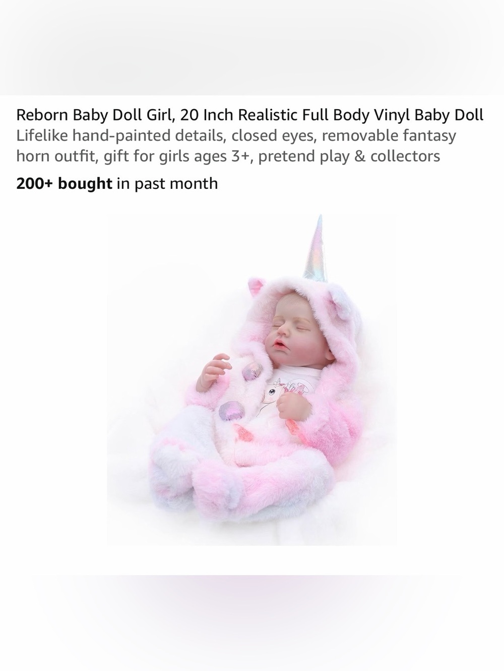 Reborn Baby Doll Girl in Pink Unicorn Outfit - Realistic 20 Inch Vinyl